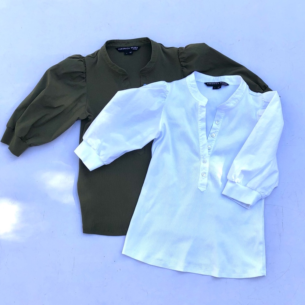 Veronica Beard Olive Green & White Puff-Sleeve Short Sleeve Tees